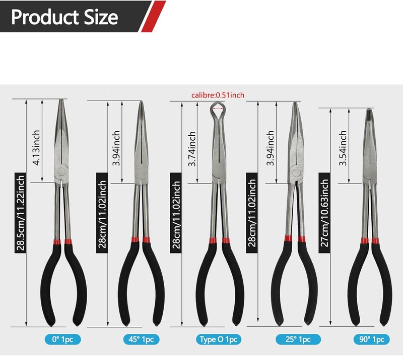 MFBJXC 5 Pack 11" Precision Long Nose Pliers Set with Insulated Comfort Grip Handles,Straight Long Needle Nose Pliers, 25/45/90° Curved & Circle for Wire Shaping/Trimming - Image 4